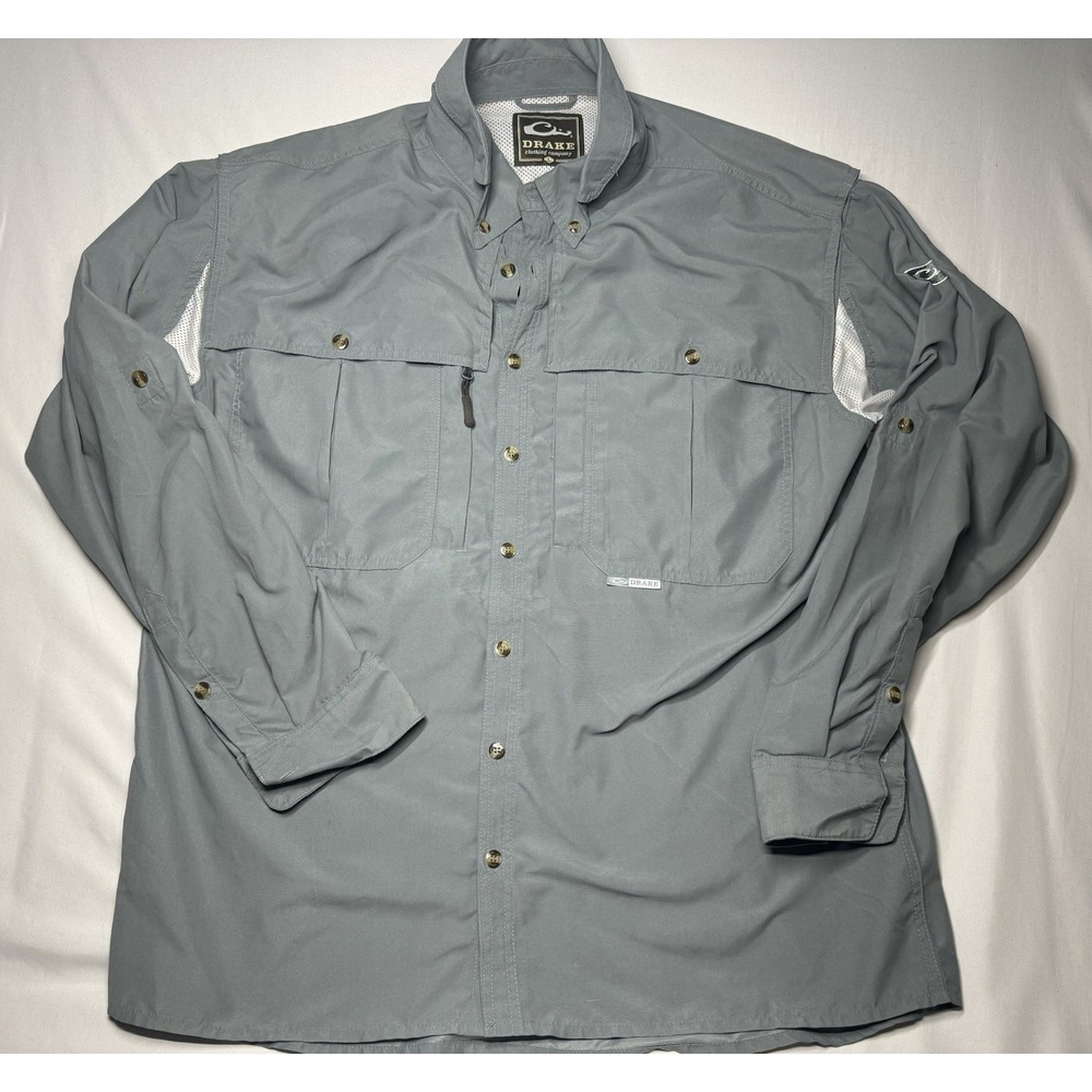 Drake Clothing Company Mens‎ Long Sleeve Shirt Button Down Fishing Gray Size L